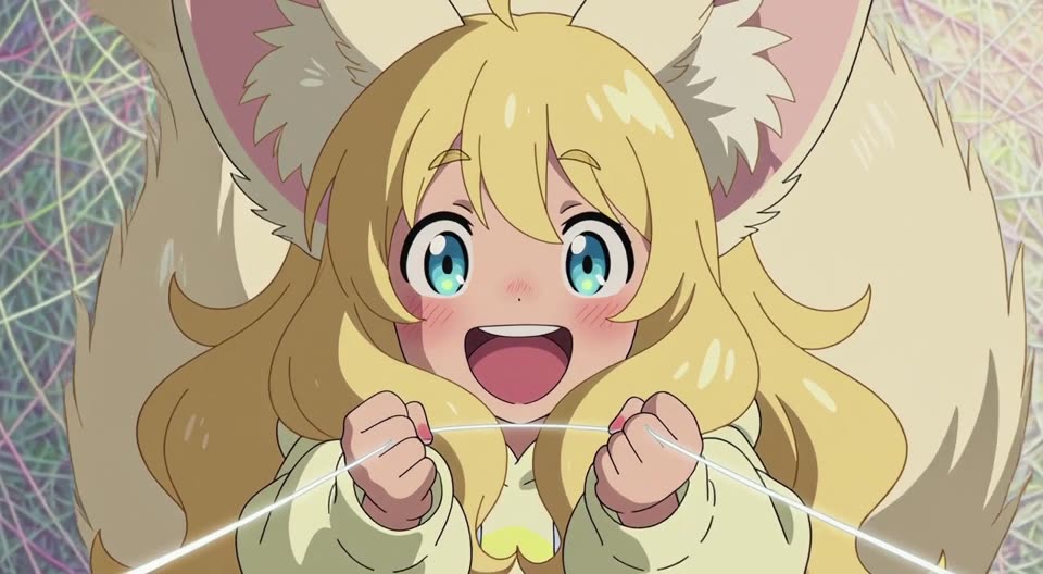 Anime fennec-eared mascot grinning at a single straight glowing thread in front of a giant tangle