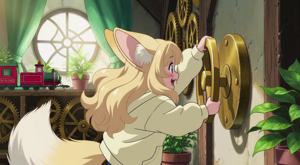 Anime fennec-eared mascot turning a giant brass knob