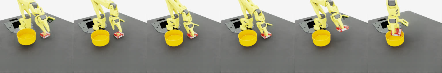 Six-frame strip of the cracker box episode from start to placed