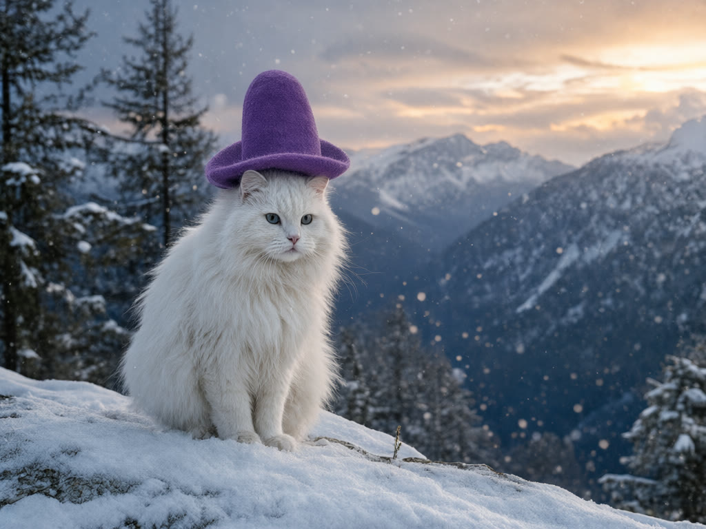 A fluffy white cat in a purple felt hat sitting on a snowy rock, pine trees and mountains at sunset behind it