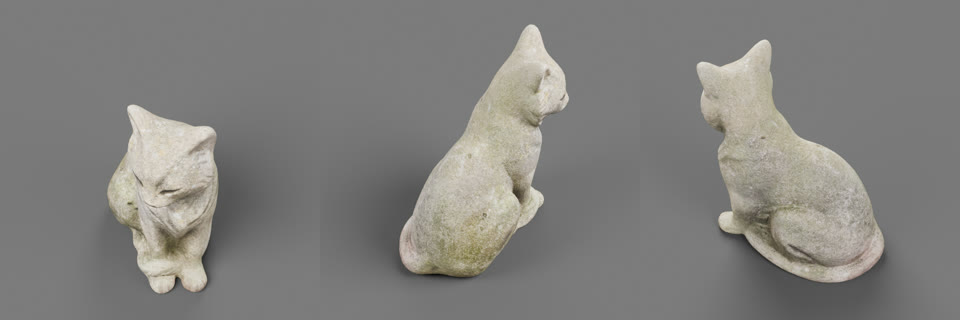 Three renders of a stone cat statue seen from 45 degrees above, at 0, 120 and 240 degrees around it
