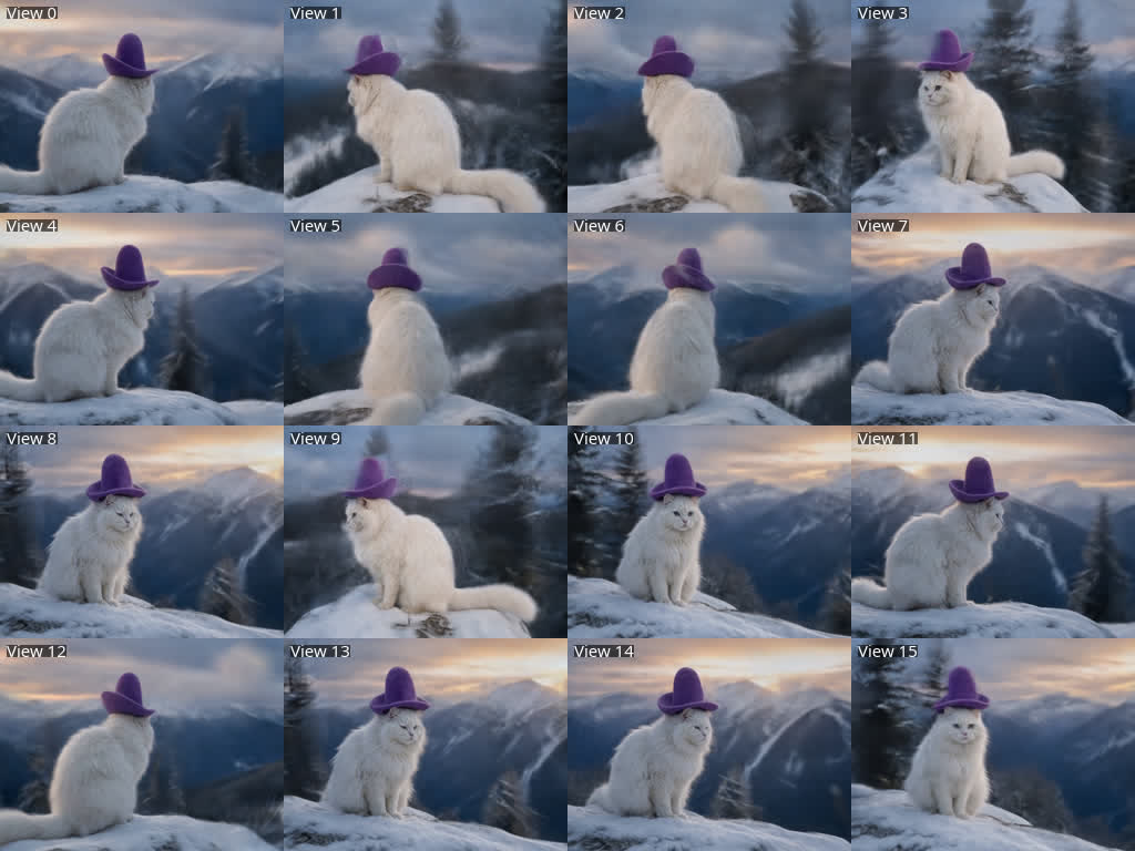 Grid of 16 splat renders of the cat from held-out camera positions around the orbit