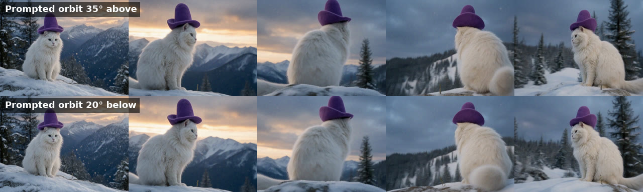 Two rows of frames from the cat orbit prompted high and prompted low; both rows are at the same eye-level height