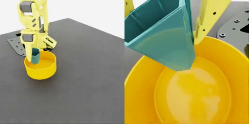 Frame B: the gripper still holds the mug at the rim of the yellow bowl