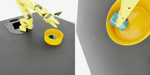 Frame A: the arm has stepped back; the mug sits inside the yellow bowl